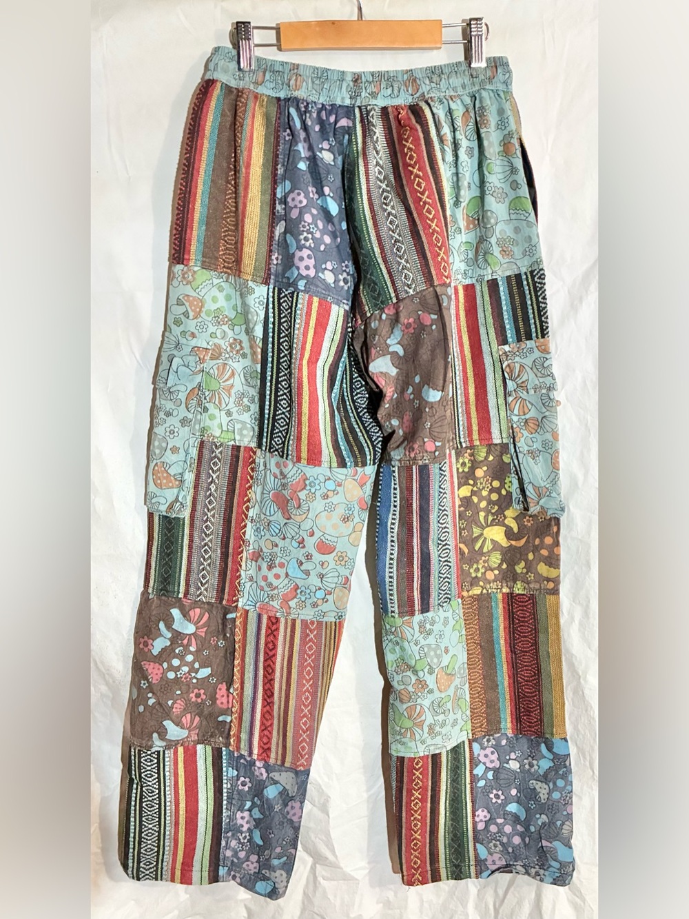 Kathmandu Patchwork Pants S/M Drawstring Mushrooms Pockets Festival Boho Hippie - Picture 6 of 12